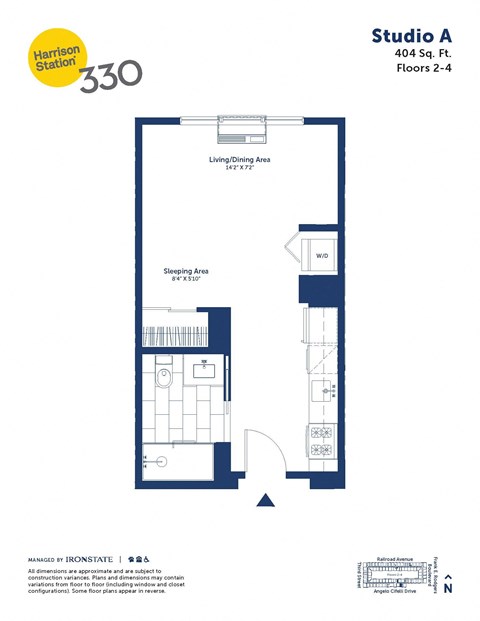 Floor plan for studio, 1 bath, 404 sqft